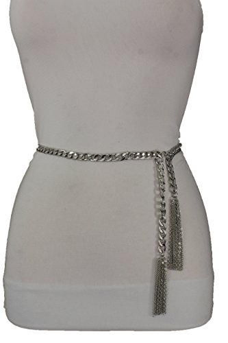 TFJ Women Fashion Metal Chains Belt Hip Waist Wrap Around Fringes Plus M L Silver