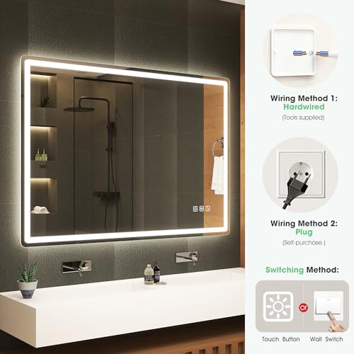 S'bagno Bluetooth-Mirror-Bathroom-with-Light-LED-100 x 70 cm, Mirror-Bathroom-LED-Anti-Fog, 3000K-6500K, Dimmable, Memory, Tempered Glass HD, IP44-Mirror-Backlit-Bathroom, Horizontal/Vertical