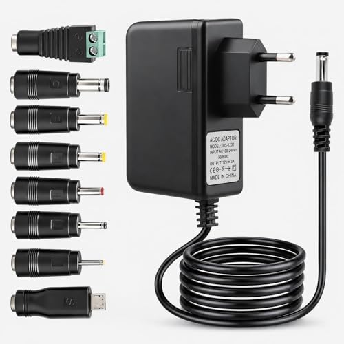 Adaptador de Corriente 12V 3A 36W Fuente de Alimentación AC DC, Cargador Universal con Conector 5.5x2.1 mm y 8 Enchufes DC, para Cámaras CCTV, Tiras LED, Router WiFi, Monitor LCD, TV Box y Altavoces