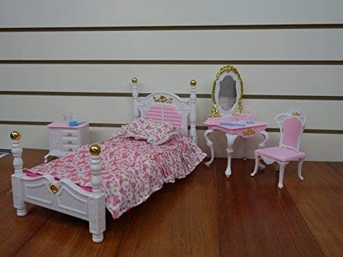 My Fancy Life Dollhouse Furniture Set, Bedroom and Beauty Play Set, White and Pink with Floral Bedding