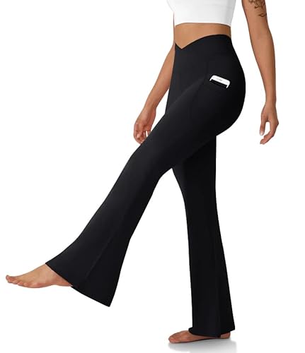 DLOODA Women's Flare Leggings with Pockets-Crossover High Waisted