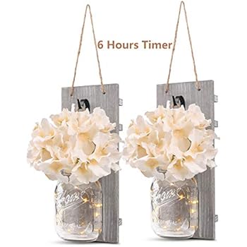 GBtroo Rustic Wall Sconces - Mason Jars Sconce, Rustic Home Decor,Wrought Iron Hooks, Silk Hydrangea and LED Strip Lights Design 6 Hour Timer Home Decoration (Set of 2)
