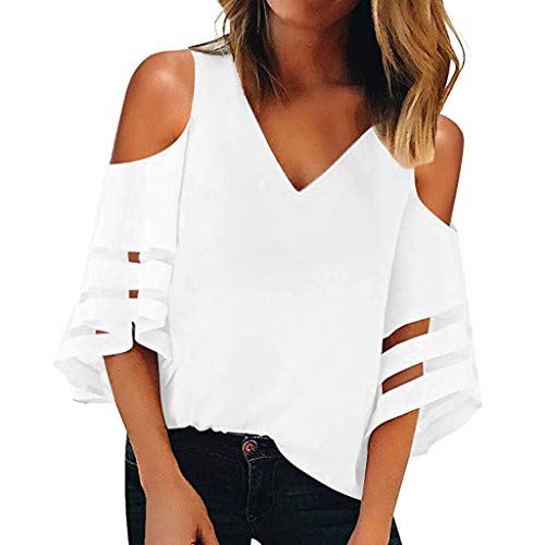 Finedayqi  Woman Dress,Women Button V Neck Mesh Panel Blouse 3/4 Bell Sleeve Loose Top Shirt WH/M White