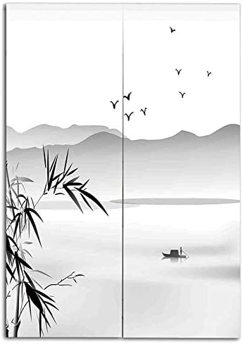 Amazon のれん 暖簾 植物 ユーカリ 室内インテリア おしゃれ 幅85cm 丈0cm 半遮光 おしゃれ 天然素材 動物 小さな船の孤独テーマアートワークと水平方向の山々と川のシルエット のれん オンライン通販