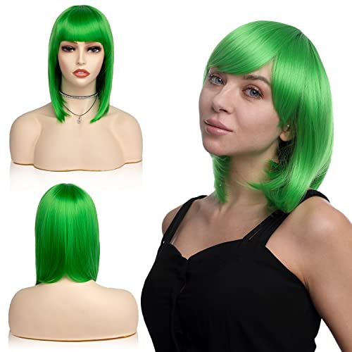 Green Short Bob Wig With Bangs 12 Inch Synthetic Fiber Short Straight Hair Color Wig Heat Resistant Natural Fashion Wig For Party Fiesta Halloween Christmas And Everyday Decor (12 Inch, Green)
