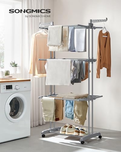 SONGMICS Tendedero, Tendedero Plegable de 4 Niveles, Asas Plegables, con Ruedas, 63.5 x 128 x 173 cm, Interior y Exterior, Gris MLLR701G01