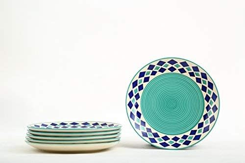 Stonish Ceramic Handmade Diamond Pattern Plate' Handpainted Plates (Royal Sea Green with Blue, 10-inch) - Set of 6
