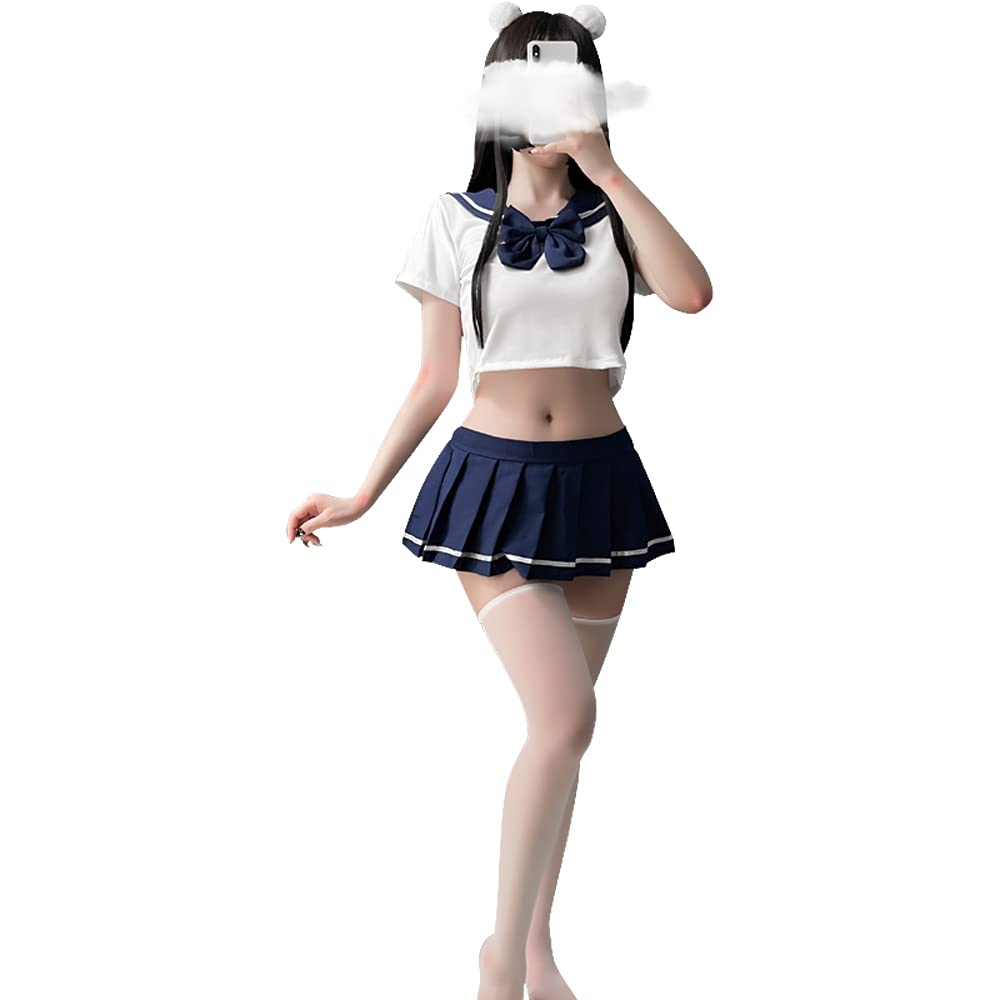 SINMIUANIME Schoolgirl Lingerie Set Sailor Uniform Dress Cosplay JK Student Wear Pleated Skirt With Socks (6908Blue White)