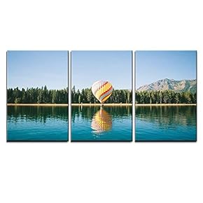 3 Piece Canvas Wall Art - Hot Air Balloon in The Lake - Modern Home Art Stretched and Framed Ready to Hang - 16"x24"x3 Panels