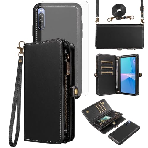 Asuwish Phone Case for Sony Xperia 10 III 3 / Xperia10III 5G Zipper Wallet Detachable Cover with Screen Protector Crossbody Lanyard Strap Flip Card Holder Slot Experia 10III 5G XQ-BT52 Black