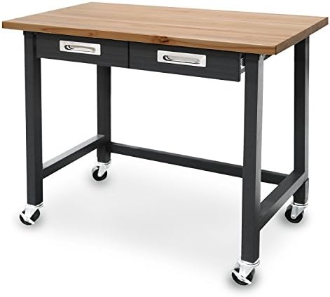 Top Rated Graphite Finished Steel 4' Commercial Grade Heavy Duty Work Bench Table- Two Utility Storage Drawers Solid Wood Work Top- Powder Coated Rust Resistant Rolling Caster Wheels (2 locking) Best