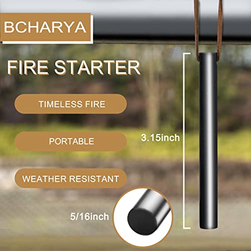 BCHARYA Fire Starter Survival Tool, Ferro Rod Kit with Leather Neck Lanyard and Multi-Tool Striker, Flint and Steel Survival Igniter with Tinder Rope and Tab for Camping, Hiking and Emergency