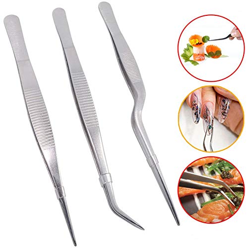 Teanfa Cooking Tweezers Precision Tongs,3 Pieces Stainless Steel Tweezers Precision Tongs for Cooking Culinary Medical Beauty(6.3-Inch)
