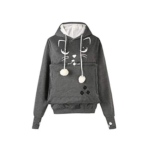 Unisex Hoodies Pet Holder Cat Dog Kangaroo Pouch Carries Pullover with Cat Printing Sweatshirt (Dark Grey, L) - Thumbnail 5