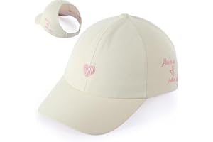 Girls Backless Baseball Cap Ponytail Hat, Love Heart Embroidered Baseball Hat Natural Curly Hair Caps for 3-8 Years