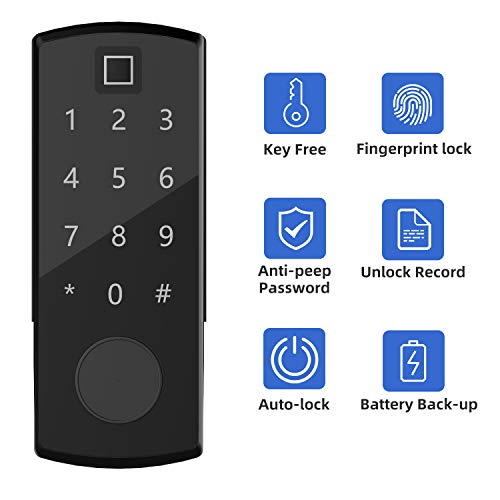 5-in-1 Fingerprint Lock, Wandwoo Smart Door Lock with Bluetooth Secure Finger ID Card Swipe Mechanical Keys Enabled Anti-peep Code Auto Lock Free APP for Home Office