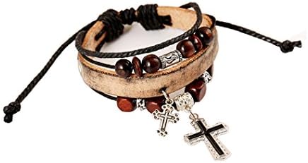 Handmade Vintage Holy Cross Leather Bracelet WristBand Cuff Multi layer Leather Wrap with Wood Beads