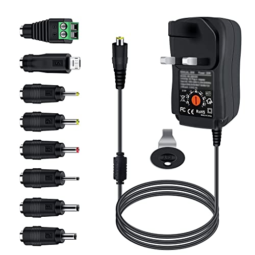 30W Universal Power Adapter, 3V 4.5V 5V 6V 7.5V 9V 12V 2A AC/DC Switching Power Supply Charger with 8 Adaptor Tips for 3V-12V Household Electronics, Led Strip, Speakers, TV Box and More Devices