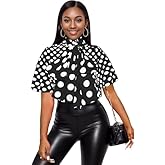 AOMEI Women's Bow Tied Neck Ruffle Trim Button Up Long Sleeve Workwear Shirts Blouse Black Polka Dot