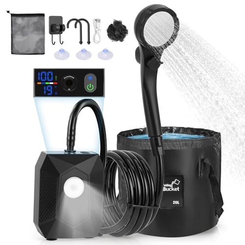 Thalyrnn Ducha portátil para Camping, 6000mAh Bomba de Ducha, 4 Modos de iluminación, Resistencia al Agua IPX8, 5 Modos rociado, Kit con Cubo Plegable 20 L – para Playa, Senderismo, Mascotas y Auto