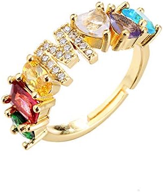 ファッション カラフルクリスタルリング ユニークなデザイン 18kゴールドメッキ アルファベット26文字 オープンリング 調節