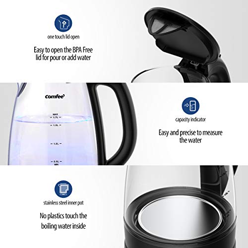 COMFEE' Glass Electric Tea Kettle & Hot Water Boiler(BPAFree), 1.7L, Cordless with LED