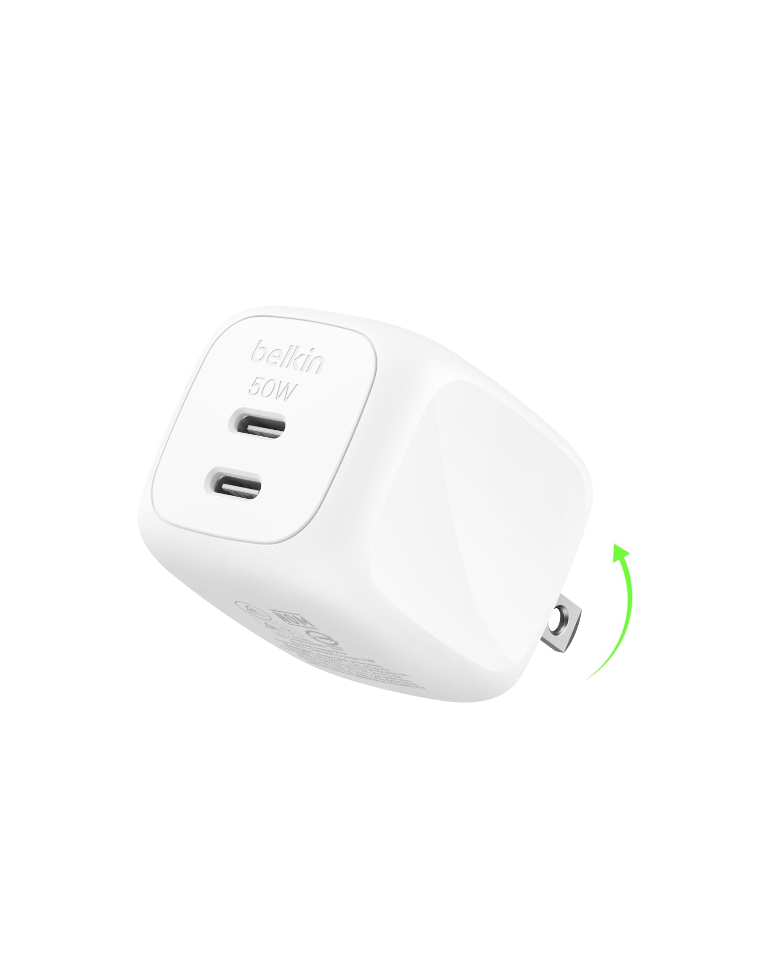 Belkin 2-Port USB C Charger Block 50W, Dual-Port GaN Charger w/ 2x USB C Ports, Fast Charging for MacBook, iPhone 17, iPad Pro, Chromebook, Galaxy S25 Ultra, Pixel 10, etc. - Travel Essentials - White