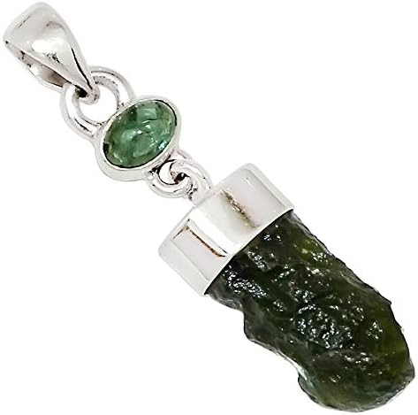Xtremegems Genuine Czech Moldavite & Green Tourmaline 925 Sterling Silver Pendant Jewelry 1 3/8" 28276P