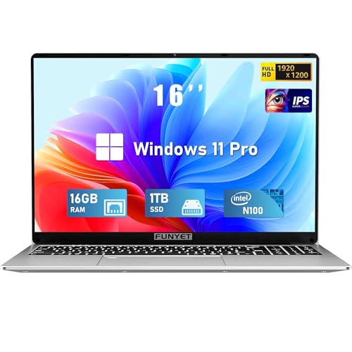 FUNYET Laptop Computer, Gaming Laptops 2025 Windows 11 Pro, 16 Inch Lap Top PC, 16GB RAM 1TB SSD, Intel 12th Gen N100 Processor(up to 3.4GHz), Backlit Keyboard, Fingerprint Unlock, FHD 1920 * 1200