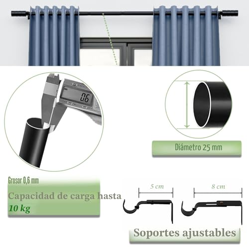 Extendable Curtain Rod Stainless Steel Adjustable Curtain Rods with Brackets for Living Room, Bedroom, Diameter 25 mm, 84 – 220 cm (Silver)