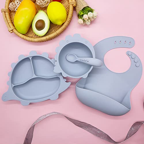Baby Suction Plates Bowls & Spoon Utensils, Toddler Led Weaning Supplies, Self Feeding 6 Months, Silicone Plate Bib Set for 6+, Toddlers Eating Bowl, First Stage Dishes, Infant Babies Meals Dish