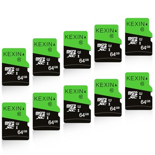 KEXIN 64GB Micro SD Karte 10er Pack mit SD Adapter microSDXC Speicherkarte UHS-I C10 U1 Micro SD Karten Bulk Full HD High Speed TF Karte für Smartphone Tablet A