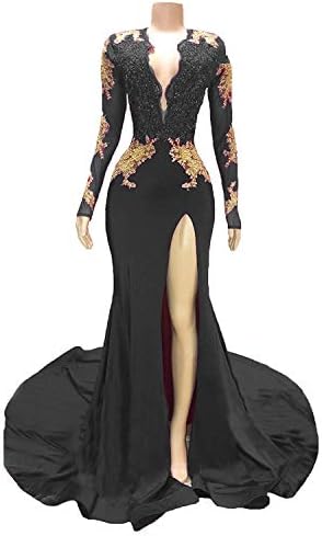 Dressytailor Women's Mermaid Long Sleeves Gold Appliques Prom Dress Formal Evening Gown with Slit
