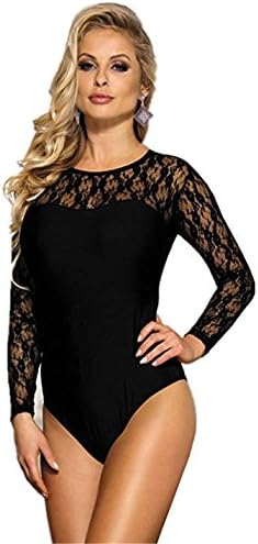 Dionasi Women Sheer Mesh Lace Bodysuit Long Sleeve Leotard Lingerie Jumpsuit Bodysuits