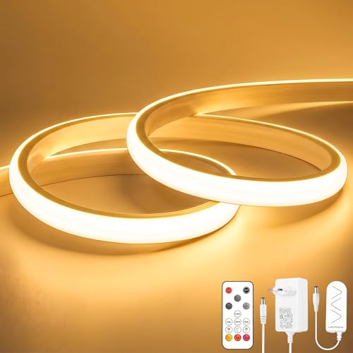 OYKYOHEI COB LED Strip, Warm White, Dimmable, 3 m LED Strip with Remote Control, 3000 K, Self-Adhesive, Waterproof Neon LED Strip, 10 mm Wide, Silicone Flexible Light Strip for TV, Bedroom, CRI90+