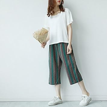 Amazon Co Jp Viviseason ビビシーズン セットアップ レディース ストライプ 7分丈 ワイドパンツ 綿麻 白ｔシャツ カジュアル 夏 スポーツ アウトドア