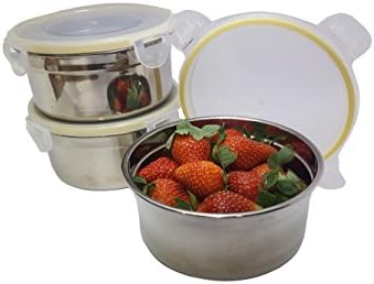 Stainless Steel Containers 12.5cm x 5.2cm With Leak-Proof Lids, Set of 3 (Silver with clear lid)