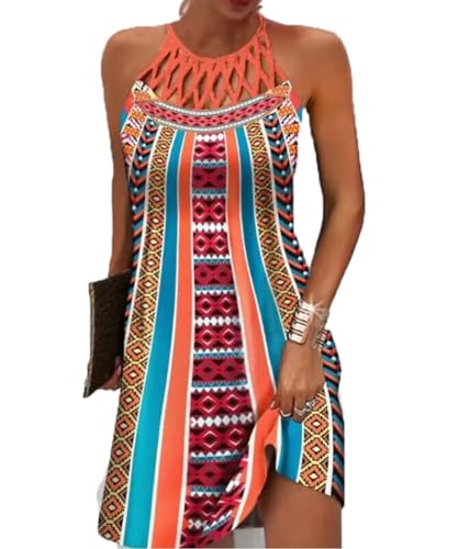 Grmlrpt Damen Ärmelloses Boho Sommerkleid Knielang Ethnischer Stil Elegant Bedruckt Mesh Retro Kleider Neckholder Freizeitkleid Damens Kleider Strandkleider(Mehrfarbig,Xl)