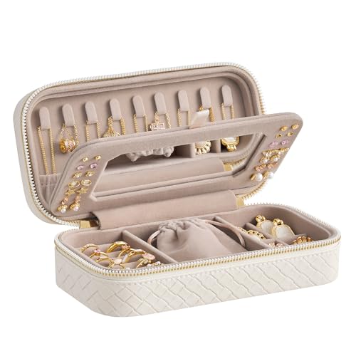 SONGMICS HOME Étui à bijoux de voyage, boîte de rangement à bijoux avec miroir, pochette à bijoux, cuir synthétique tissé gaufré, rangement de bijoux portable, idée cadeau, nuage blanc UJBC197W01