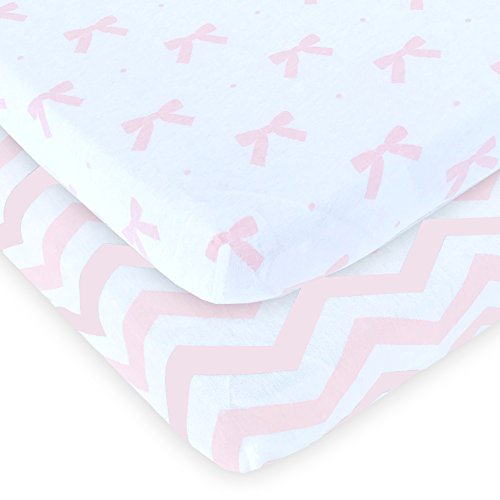 Cradle Sheet Set| 2 Pack Changing Pad Covers For Girls by Cuddly Cubs | 100% Jersey Cotton | Pink Bows & Chevron | Top Quality Nursery Bedding For Baby Girl