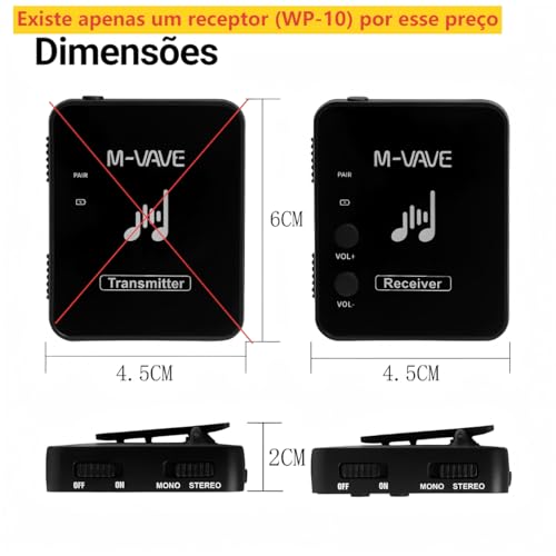 M-VAVE Receptor de Áudio Sem Fio para Monitor de Ouvido Profissional, Transmissão 2.4GHz Som sem Perdas 24bit/48KHz, Alcance de 30 Metros, Bateria de 7 Horas, Modo Mono/Stereo, Controle de Volume