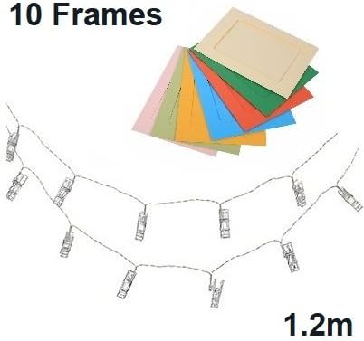 LED Photo Clip String Lights (1.2m, 10 clips) w/ Cardboard Photo Frames - Complete Set - USB Lights for Indoor Activity - Pictures Notes Artwork Decor
