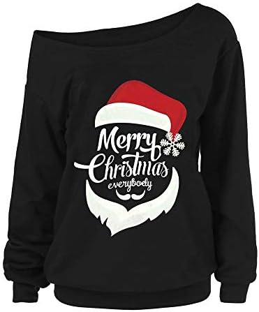 Kamendita Women's Tops Long Sleeve Women Christmas Santa Print Off Cold Shoulder Sexy Blouse Shirt Pullover Tunic Tops