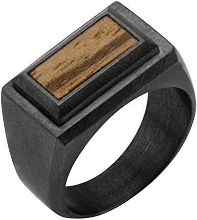 Stainless Steel Black-Plated with Inlayed Zebra Wood Ring, Size 13