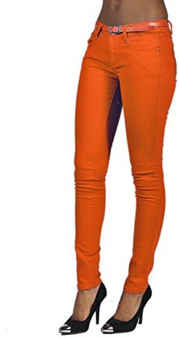 Cest Toi Stretch Denim Belted 5 Pocket Solid Colored Orange High Fashion Jeans