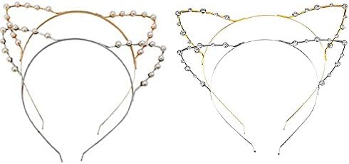 SALOCY Cat Ear Headbands,Gold and Silver,4 Piece,Crystal Rhinestone and Pearl Design Hairbands