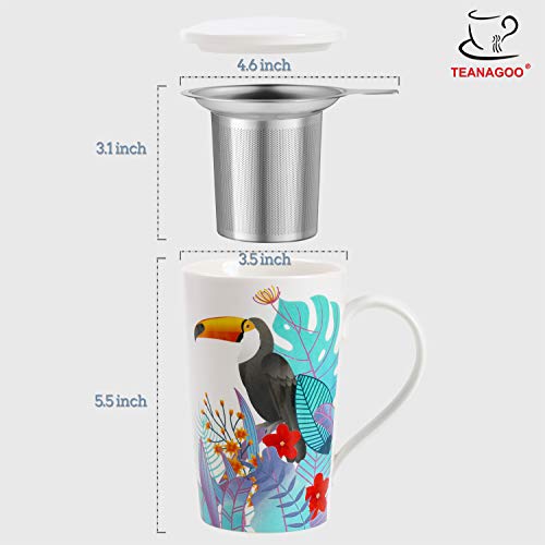 TEANAGOO M58-10 Tea Cup with Filter and Lid, 18 OZ, Toucan, Dom Dad Women Travel Teaware with Infuser, Mug Steeper Maker, Brewing Strainer Loose Leaf, Diffuser set for Lover Gift teacup porcelain
