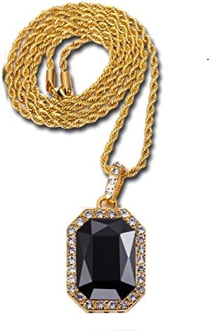 14K Gold Plate Iced Out Hip Hop Black Gem Jewelry, Bling Bling Pendant Necklace for Men 30" Chain Included