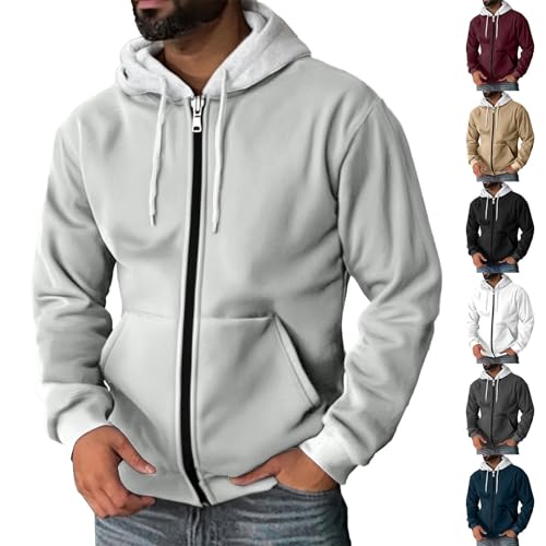 Hoodies For Men Uk Full Zip Up Solid Color Long Sleeve Hoody Drawstring-Casual Lightweight Jackets Mens With Pockets Comfort Outdoor Loose-Fit Soft Outdoor Workout Hiking Fleece Sweatshirts Grey