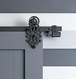 DIYHD 6.6FT Ornate Cut Roller Black Iron Sliding Barn Hardware, Single Door kit